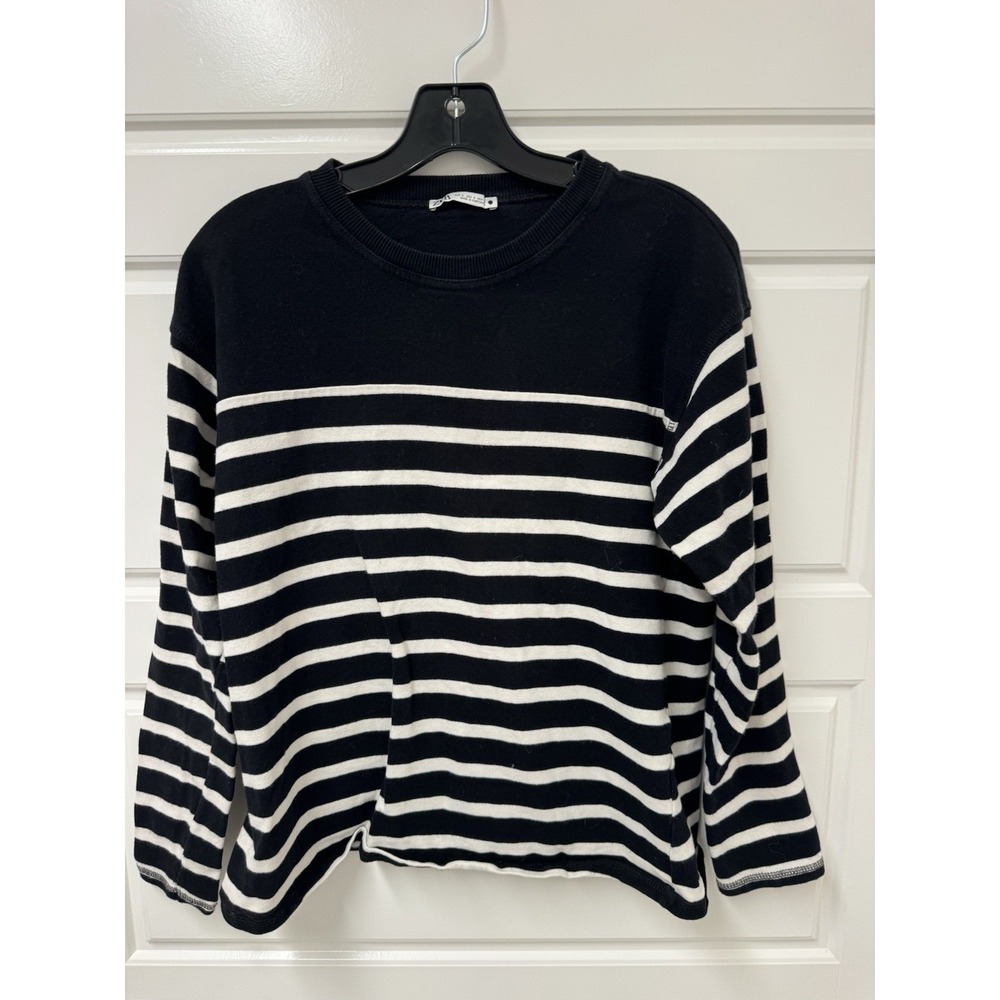 Zara Women Small Black White Striped Knit Sweater Stretchy Pullover Crew Neck